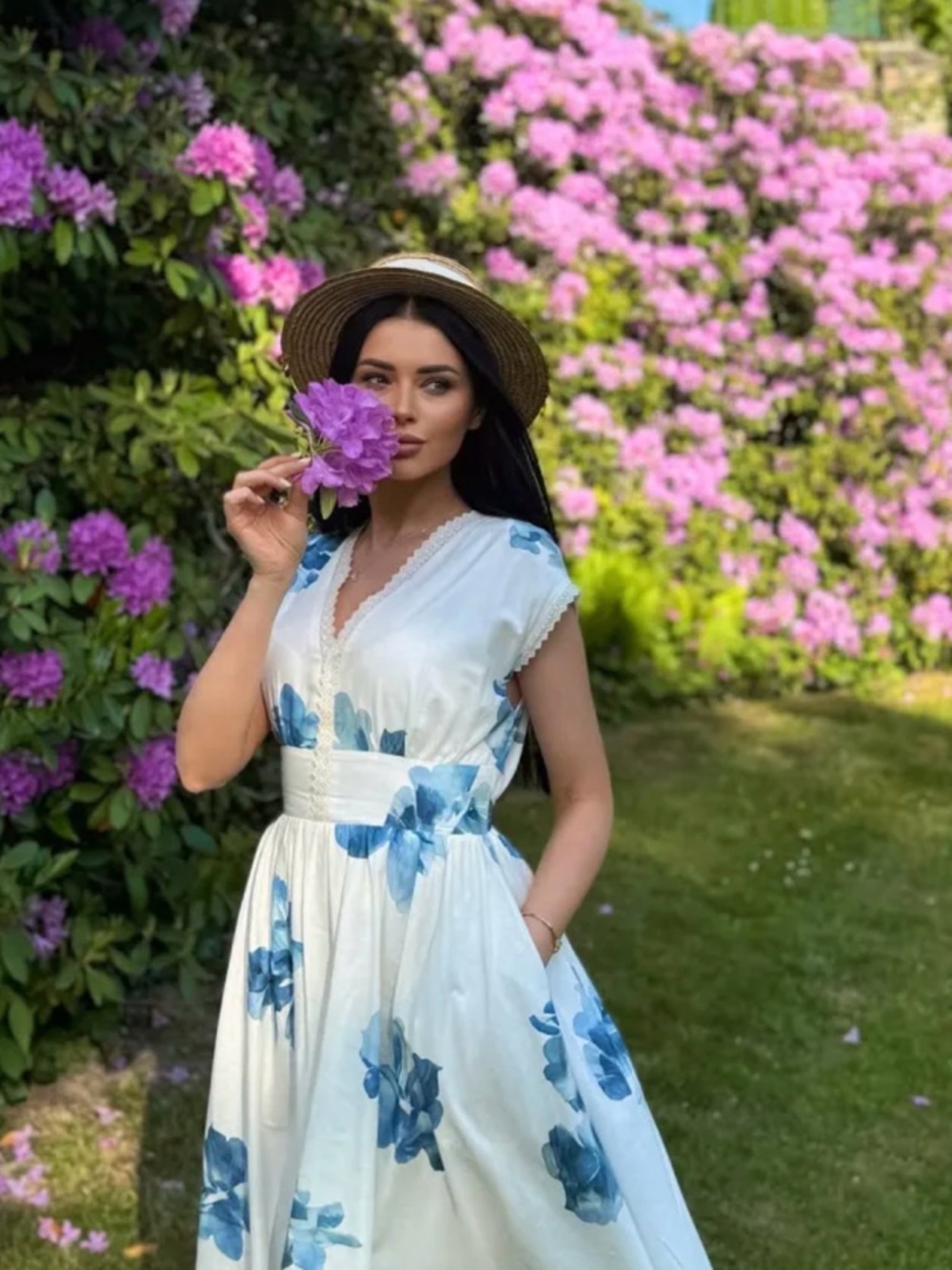 White Maxi Dress with Blue Floral Print #148 - Picture 2 of 10